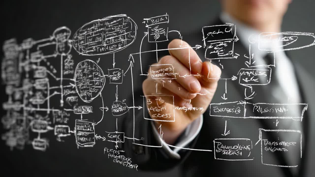 A Business Professional Illustrates a Comprehensive Flowchart, Capturing Strategic Processes and Methodologies on a Transparent Surface with Precision and Clarity