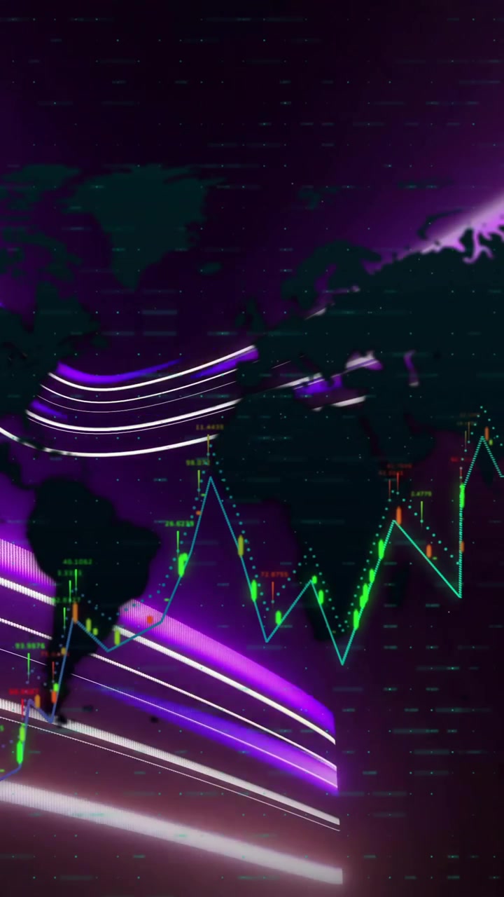 Animazione di elaborazione dati e mappa del mondo su scie luminose su sfondo viola