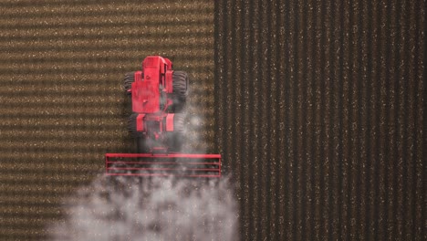 disparar desde un dron volando sobre un tractor con sistema de harrow arando el suelo en un campo de granja cultivado, pilar de senderos de polvo detrás, preparando el suelo para plantar un nuevo cultivo, concepto de agricultura, bucle 3d superior.