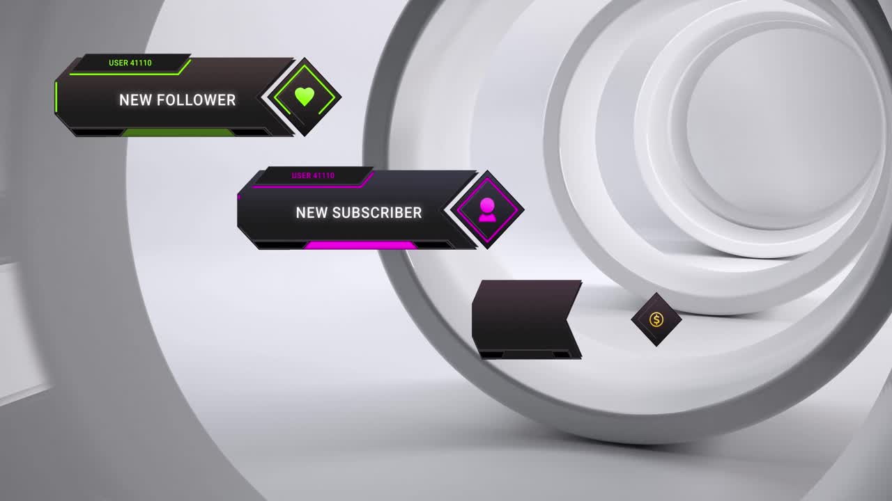 animación del icono de las redes sociales con textos sobre círculos sobre fondo blanco.