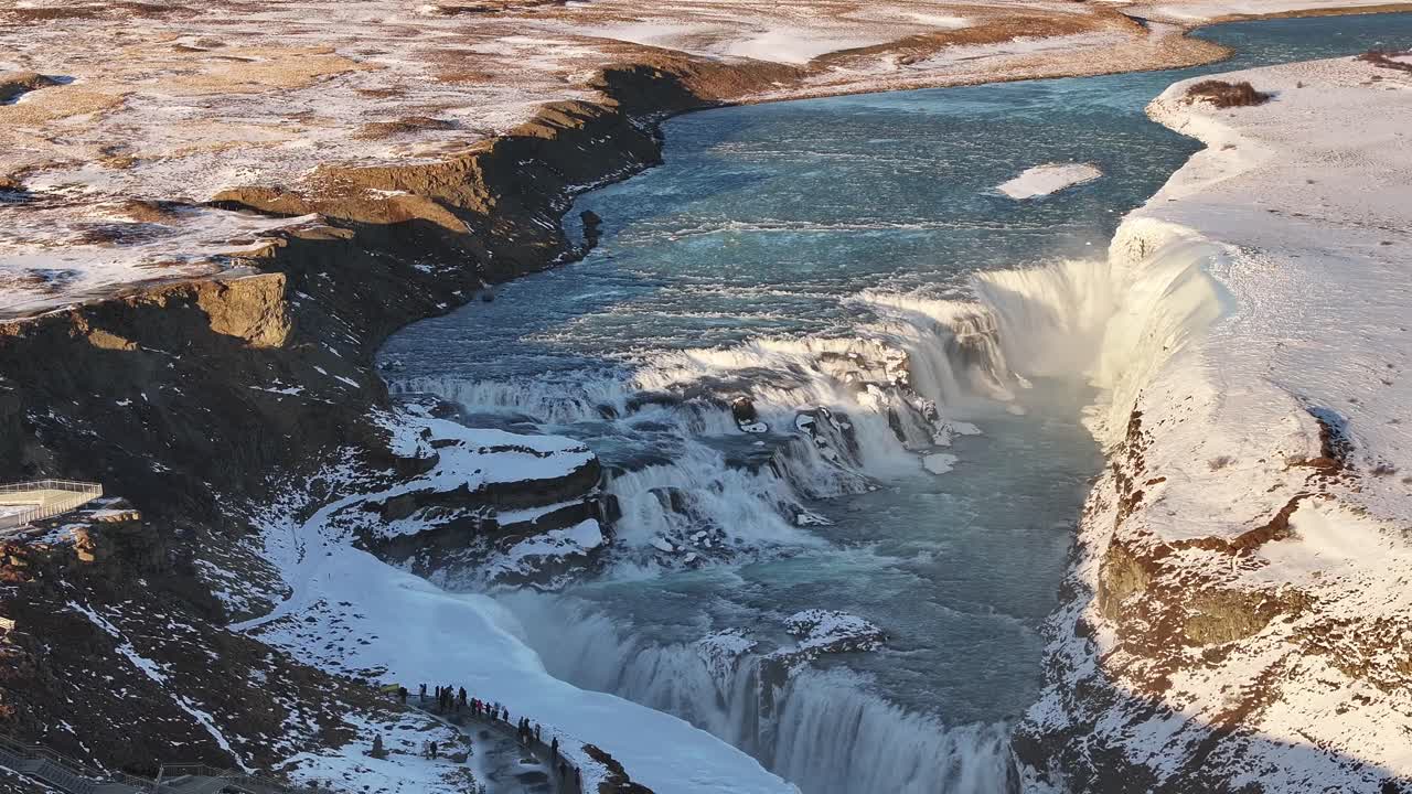 Aerial Gullfoss waterfall in snowy Suðurland Iceland during winter