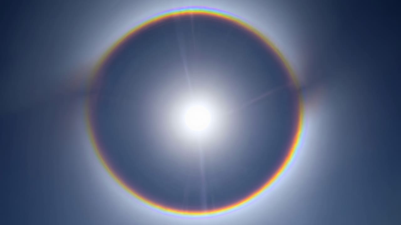 A mesmerizing video of a solar halo captured from a low-angle perspective, showcasing a vibrant