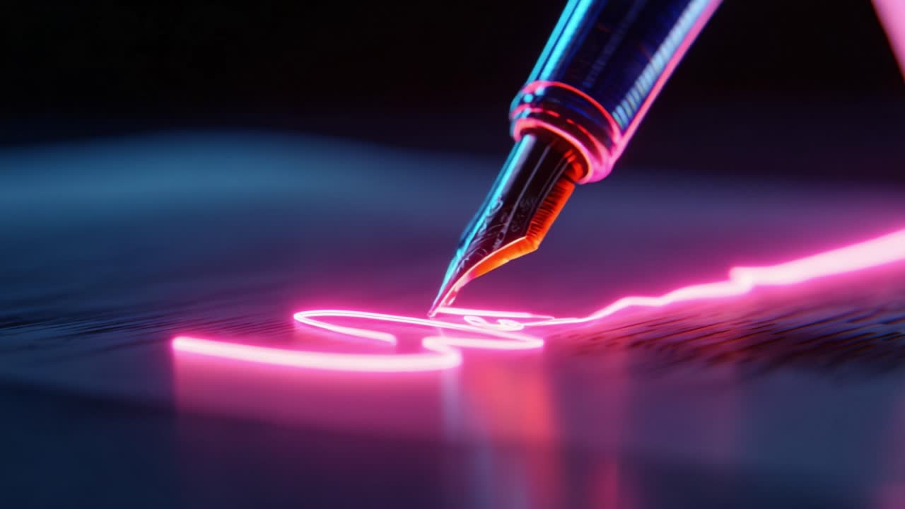 Close up view of a classic fountain pen writing a signature with glowing pink light on a dark, reflective surface, creating a modern and futuristic concept for agreements and contracts