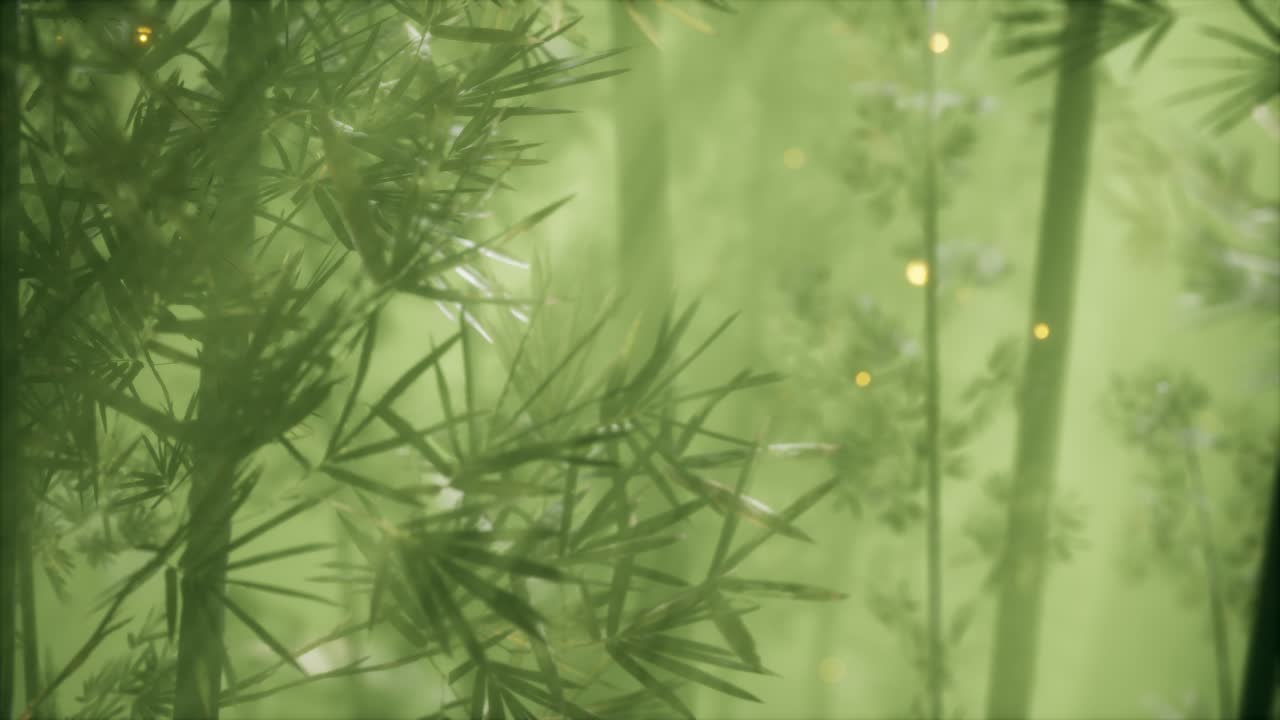 bosque de bambú asiático con tiempo de niebla matutina