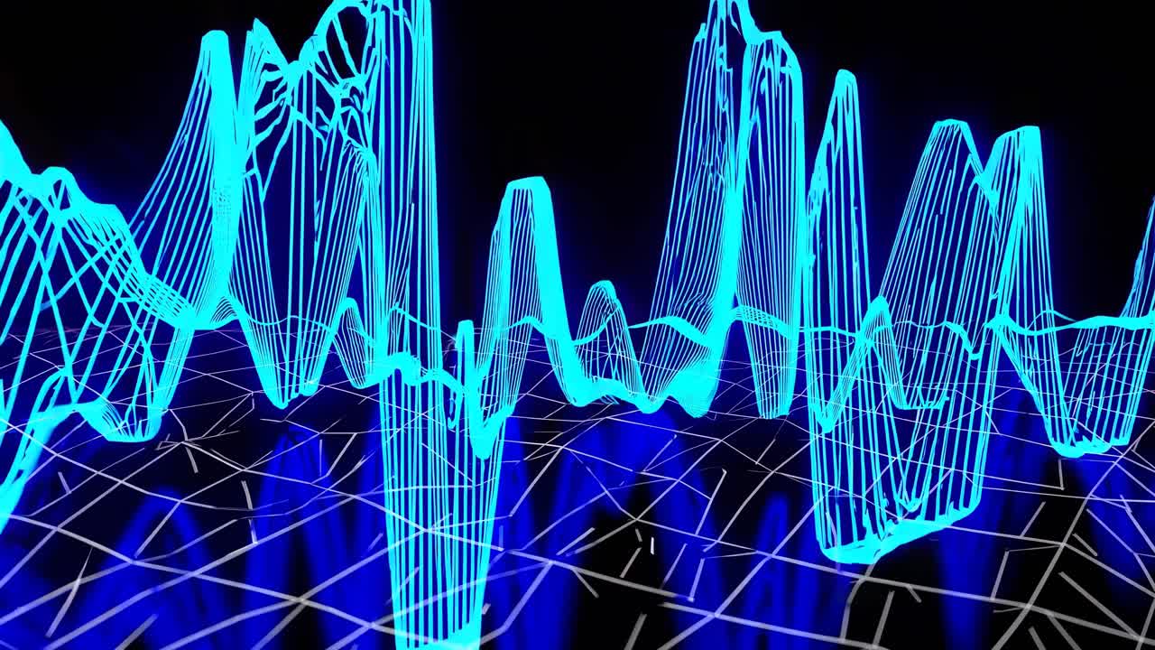 Dynamic 3D waveforms in neon blue against a dark grid background, viewed from a low angle