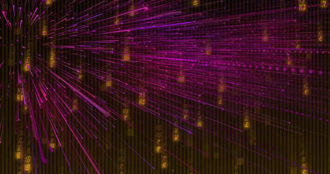 Bursting neon-pink streaks flowing through grid corridor carrying golden glyphs representing data