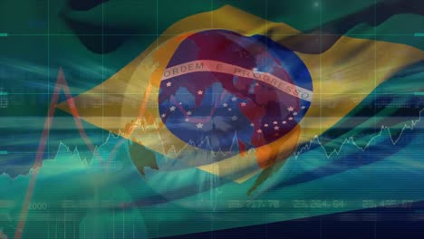 animation of financial data processing over flag of brazil