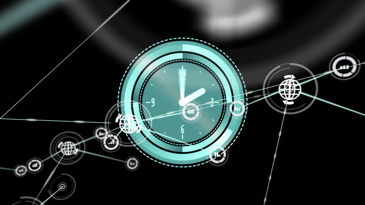 Animazione di una rete di connessioni su un orologio che si muove velocemente