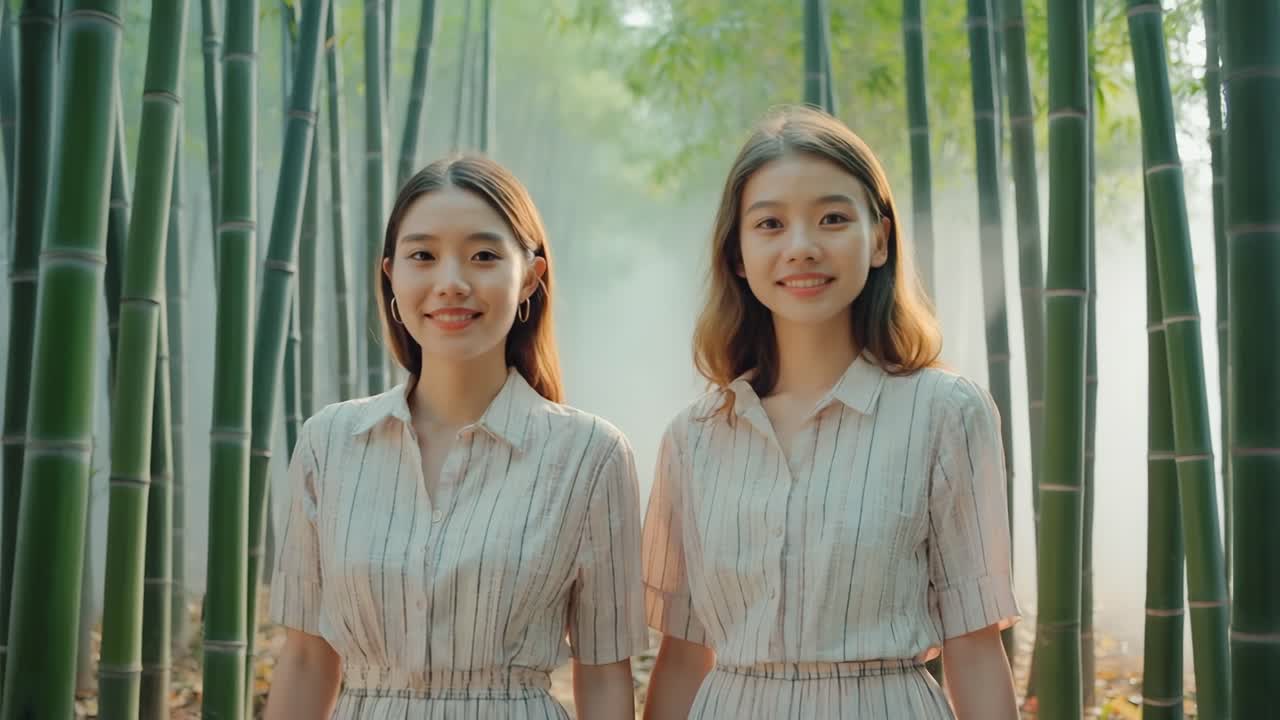 Two young women wearing the same dress are looking each other in a bamboo forest with fog in the background, creating a mysterious and evocative atmosphere
