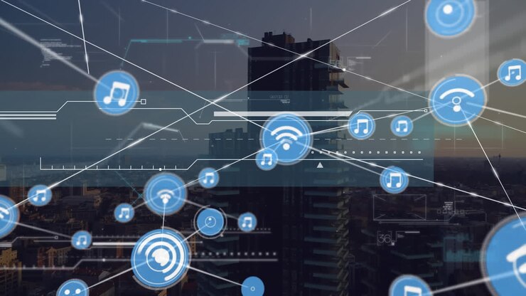 Animazione di una rete di connessioni con elaborazione dati su un paesaggio urbano