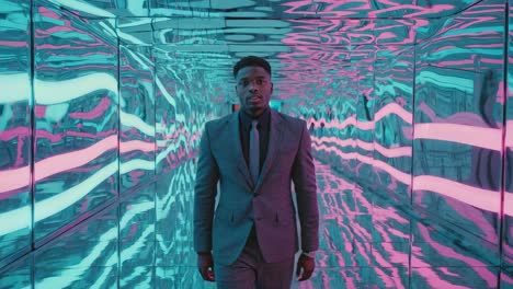 stylish man in a futuristic neon light corridor