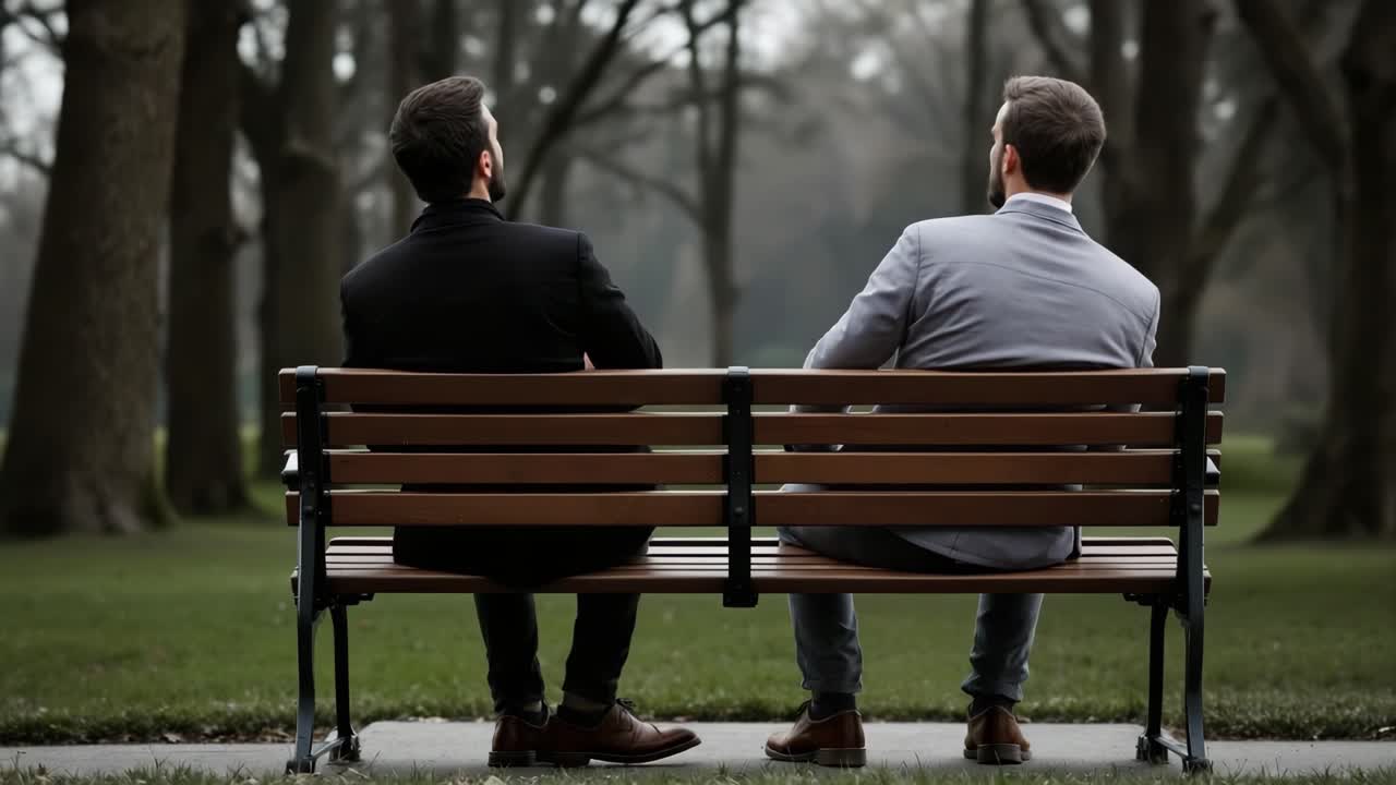 Two men seated on a park bench from behind