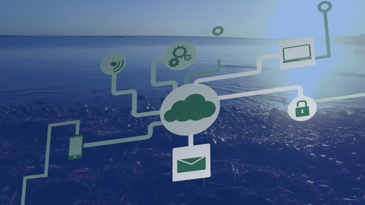 해가 지는 도시 풍경과 해양 풍경 위의 기술 아이콘의 애니메이션