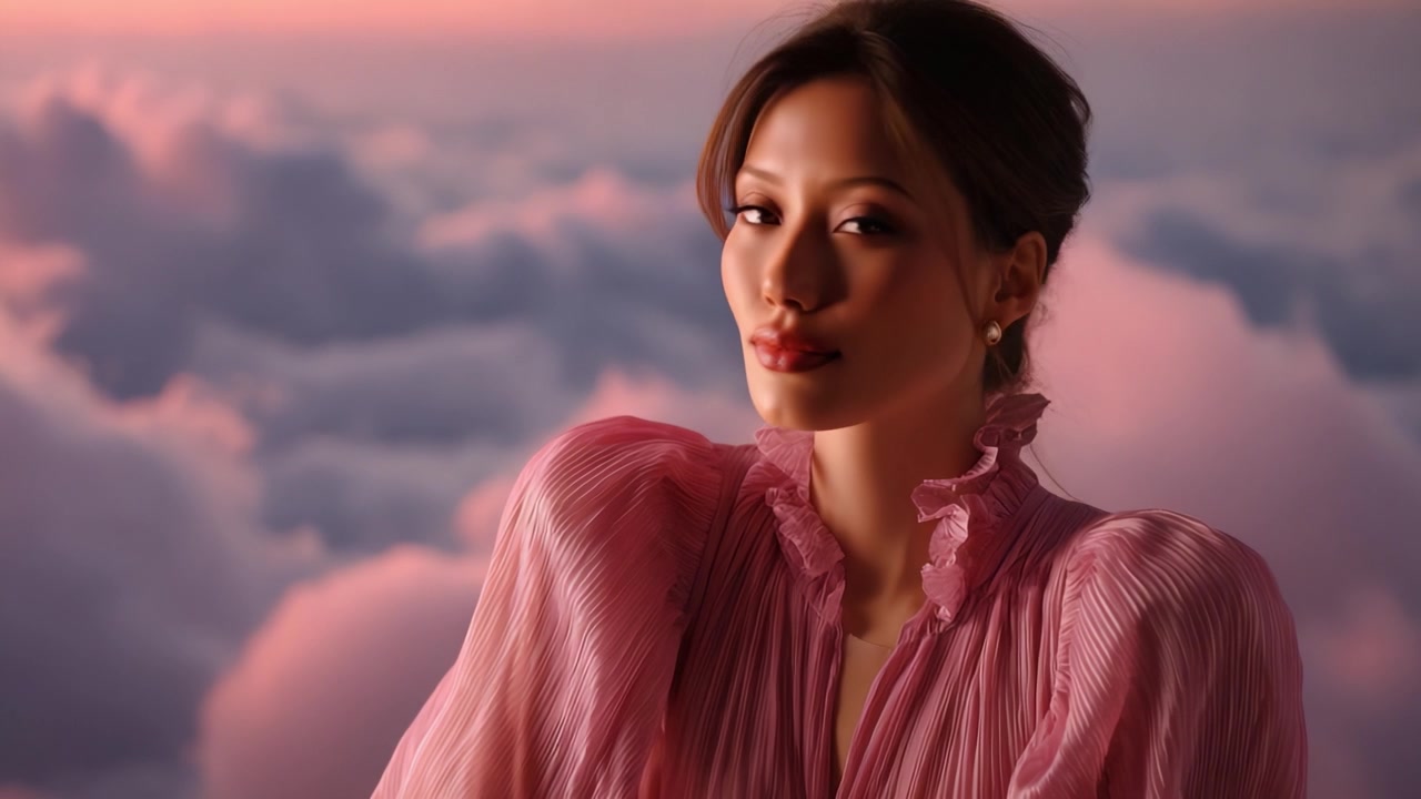 A Serene Portrait of a Woman in a Pink Blouse Against a Dreamy Cloudy Sunset Sky, Capturing the Beauty and Tranquility of the Moment in a Breathtaking Scene