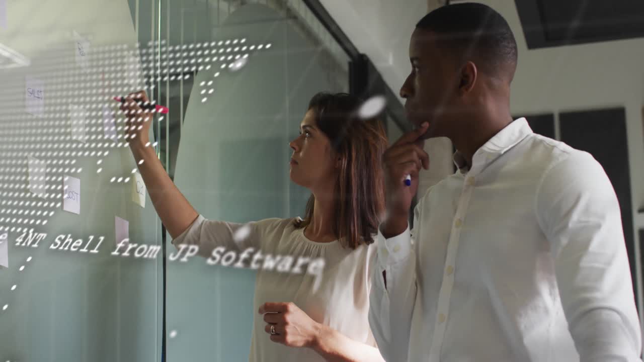 Animation of world map and data processing over business people in office