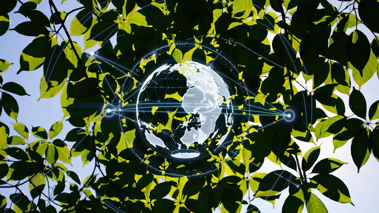 Aerial view of lush green leaves with a digital globe overlay, creating a futuristic nature concept
