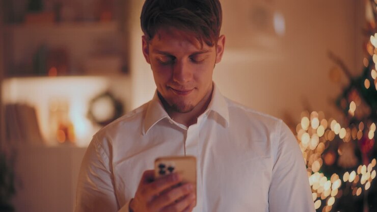 Man texting on smartphone at home during Christmas
