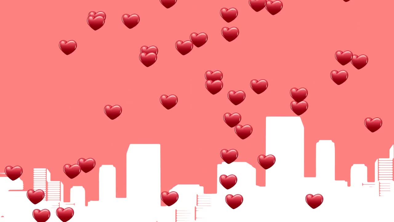 핑크색 배경에 심장 아이콘과 도시 풍경의 애니메이션