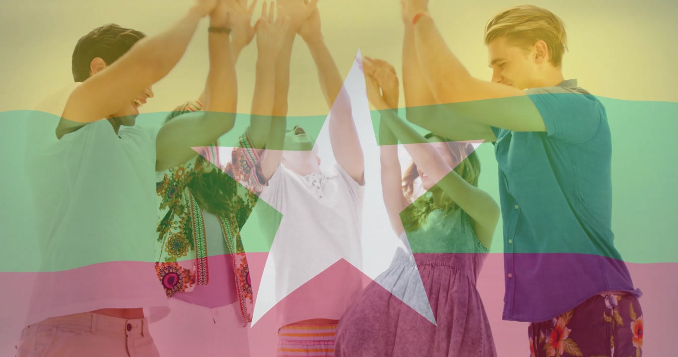 Joining hands over Myanmar flag colors and star, friends showing unity and support