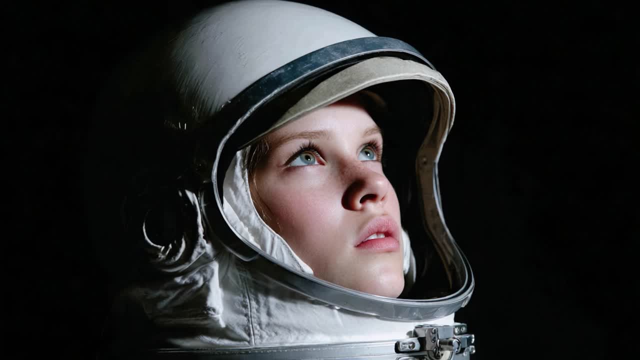 Un giovane astronauta guarda in alto, pieno di meraviglia e determinazione, in uno splendido primo piano che cattura lo spirito di esplorazione e dei viaggi spaziali