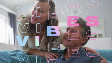 animation of vibes text over smiling senior caucasian couple