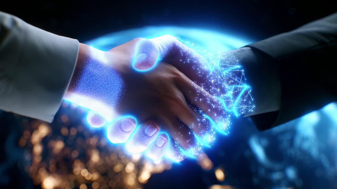Un momento pionieristico: la fusione tra mondo umano e digitale, con due mani che si stringono in una stretta di mano illuminata su uno sfondo cosmico, a simboleggiare l'unità tra natura e tecnologia