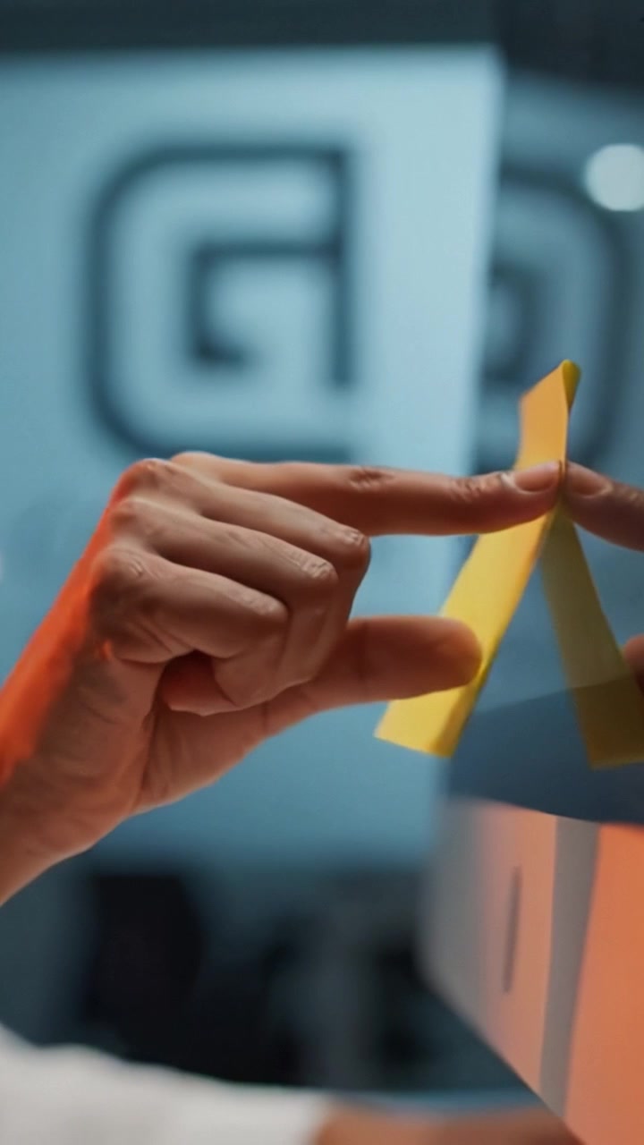 Primo piano della mano di una persona che posiziona un post-it giallo su una superficie trasparente in un moderno ambiente d'ufficio con un logo sfocato sullo sfondo.