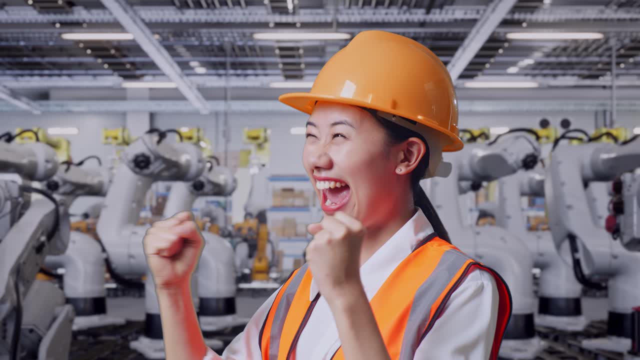 공장에서 성공을 축하하는 엔지니어