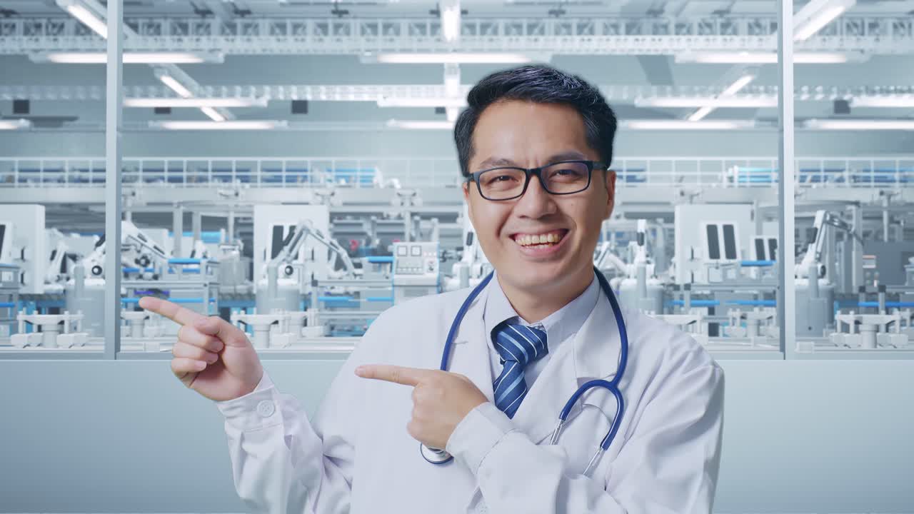Close Up Of Asian Male Doctor With Stethoscope Smiling And Pointing To The Side In Laboratory