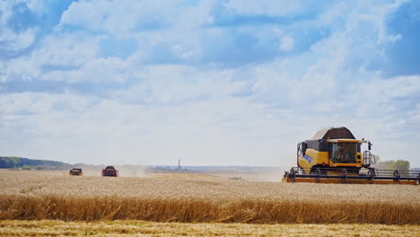 harvesting ripe crop on the yellow field. combine harvester working during seasonal works under the blue sky. agricultural machinery in action in summer.