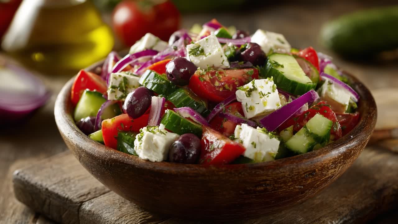 Vibrant Mediterranean Salad: A Delightful Medley of Fresh Vegetables, Olives, Feta Cheese, and Herbs Perfect for Healthy Dietary Choices