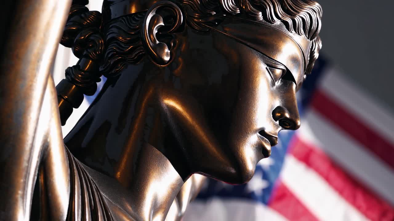 Close-up side angle of a bronze statue with a blurred American flag background, evoking a classic