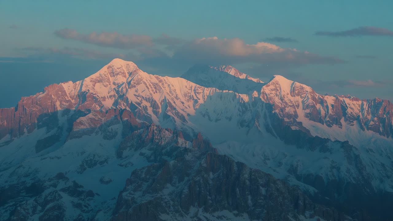 Sunrise illuminating snow-capped mountain peaks with pink glow, drifting clouds enhancing panorama