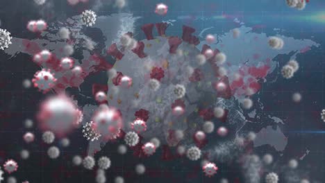 Animation-of-virus-cells-floating-over-rotating-cell-and-world-map