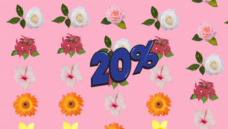 animation of 20 percentage text over flowers on pink background