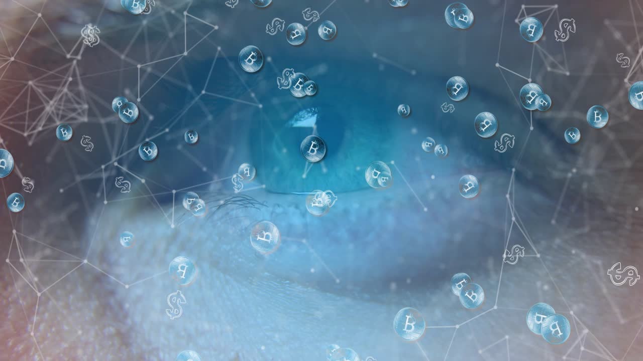 On start aqua iris closeup showing currency spheres drifting and lines pulsing to show finance flow