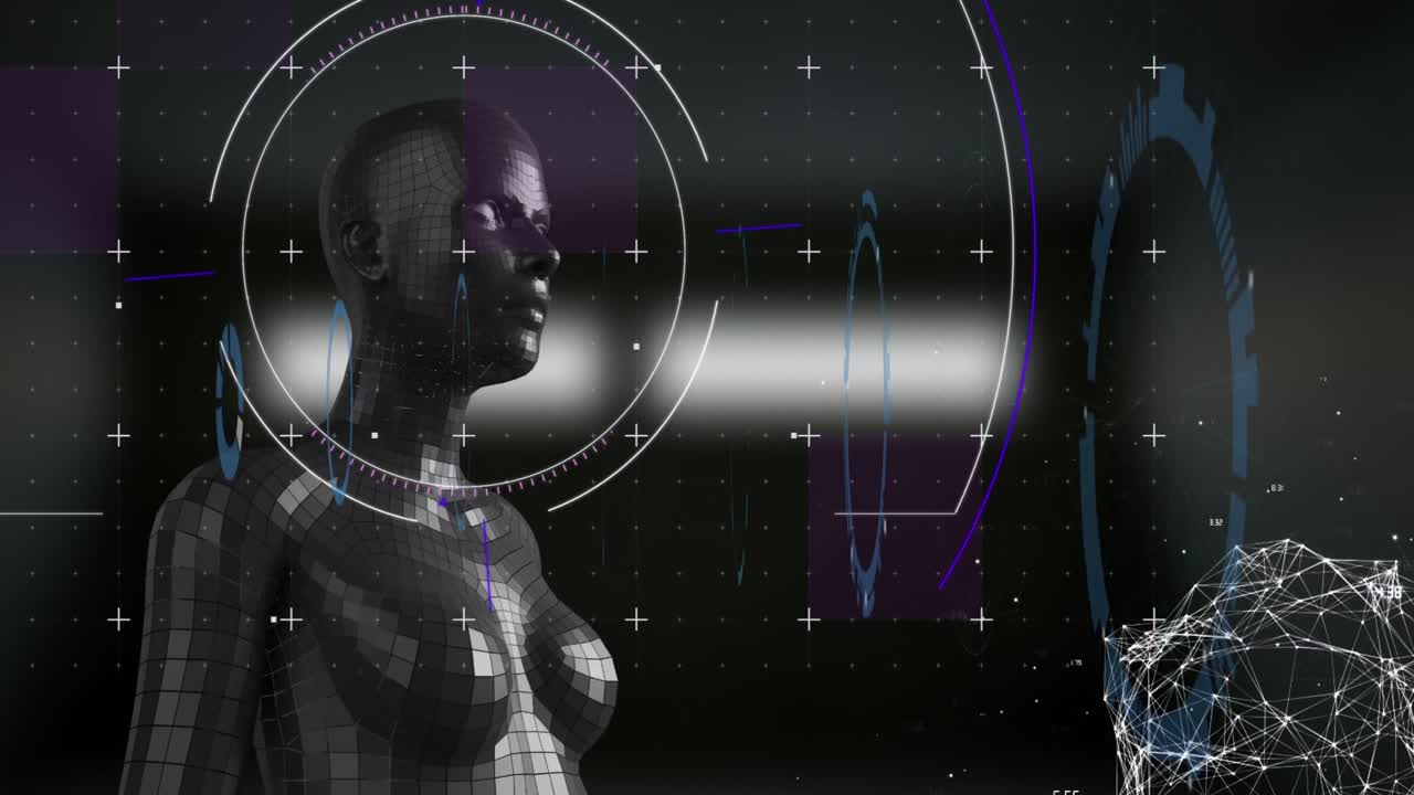 animación de escáner redondo y escaneo de alcance sobre modelo de cuerpo femenino contra fondo negro