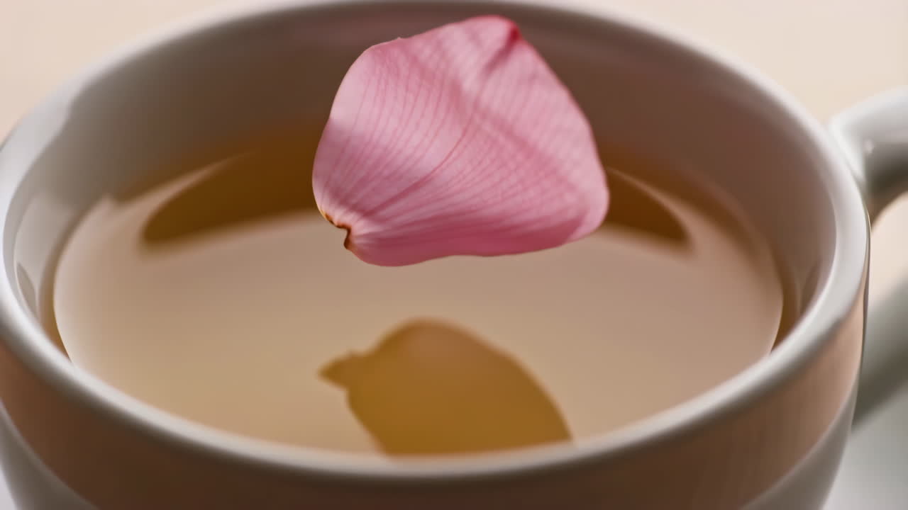 Petalo rosa galleggiante in una tazza di tè