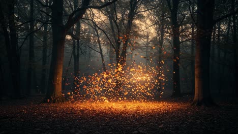 a mystical forest scene: captivating transformation from autumn leaves in air to a glowing circle on the ground illuminated by soft fog and sunlight
