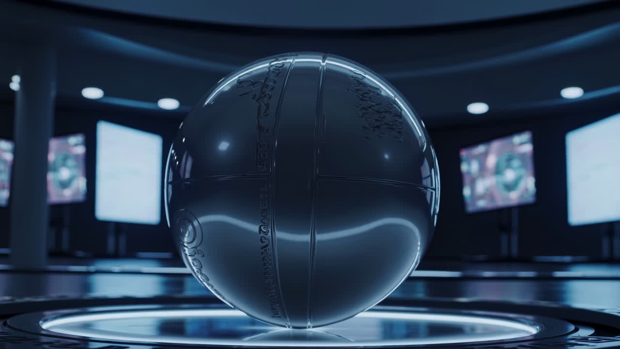 Video futuristico con sfera metallica in una stanza high-tech