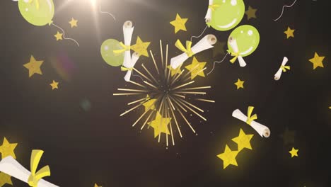 Animation-of-graduation-letter-icons-over-stars-and-fireworks-on-black-background