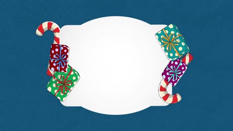 Animation-of-candy-canes-and-presents-over-sign-with-copy-space-on-blue-background