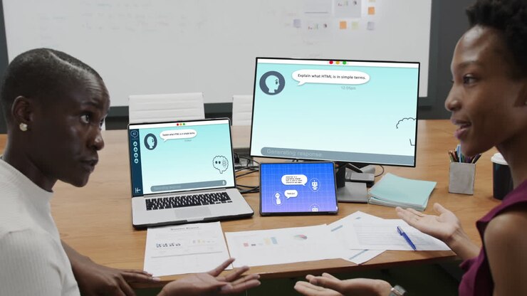 Diverse businesswomen in office using computers with ai digital messaging on screens