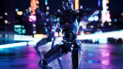 two advanced robots perform a captivating dance routine under the colorful city lights.