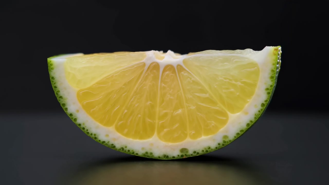 Fetta di lime statica su sfondo scuro in primo piano, fotografia di prodotto alimentare (frutta) con atmosfera neutra, colori verde e giallo, luce naturale commerciale, spazio per il testo pulito, editoriale e design.