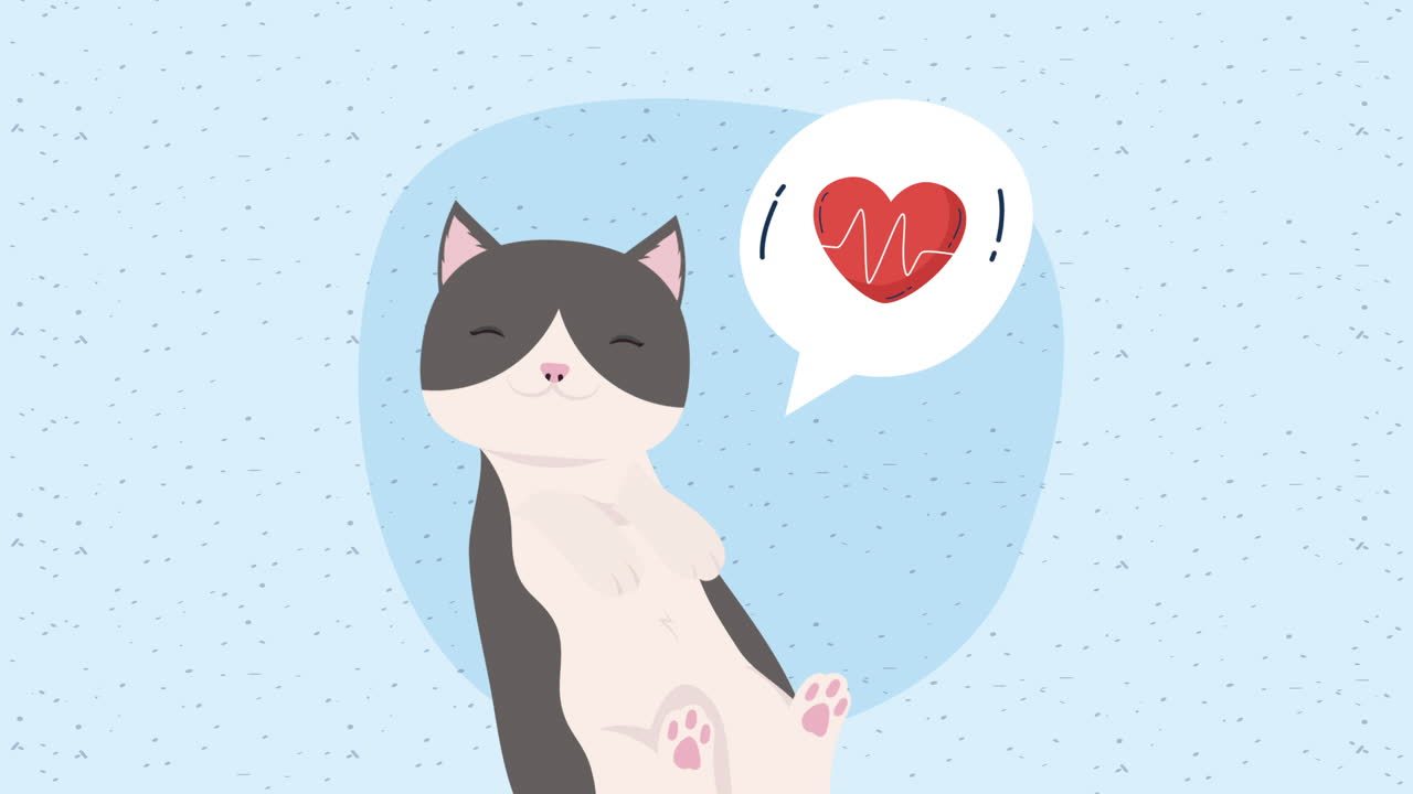 심장 카디오 애니메이션을 가진 작은 고양이 마스코트