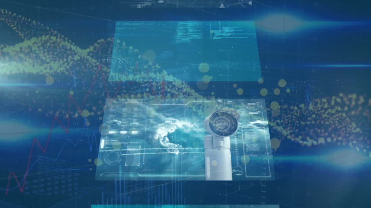 파란색 배경에 스 ⁇ 과 디지털 화면의 애니메이션