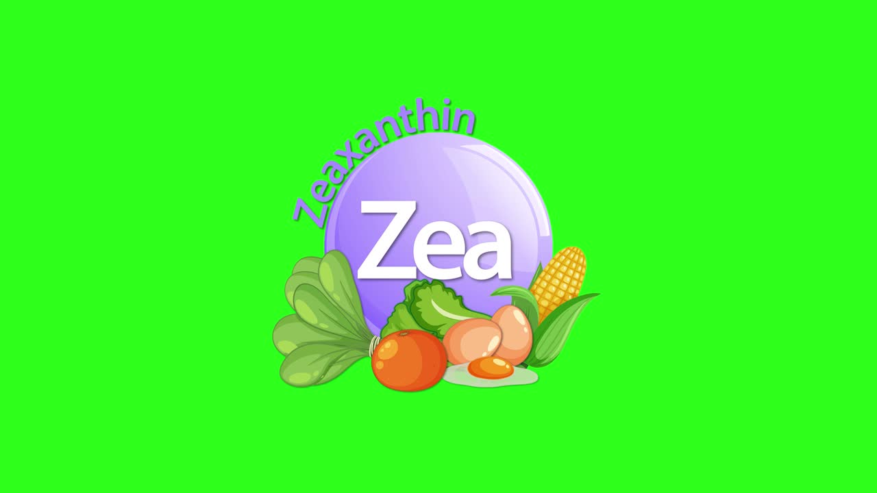 A purple Zeaxanthin vitamin icon animates in, surrounded by spinach, corn, and tomatoes, on a vibrant green background with smooth, simple transitions