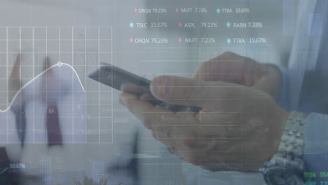 animation of financial data processing over caucasian man using smartphone