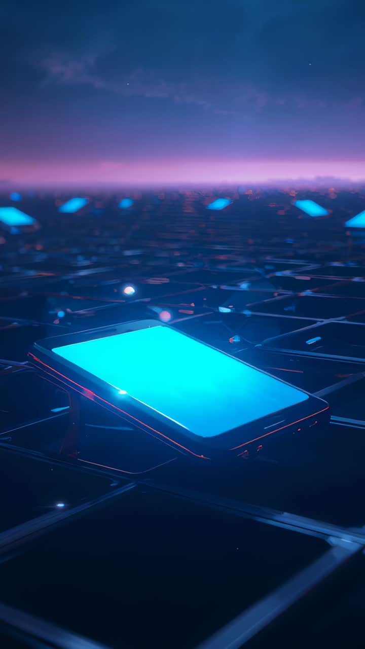 Vertical video: Pulling back camera showing cyan screen phone on glossy tile grid, revealing panels